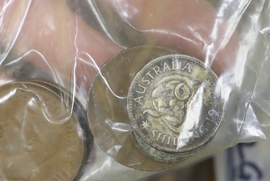 A collection of world coins including halfcrowns, florins, British coins, Charles II to QEII, highlights - 1875, 1888, 1874 and 1890 halfcrowns, Tees 1813 one penny token, James I shilling, 1886 Gothic florin, 1625 Farth